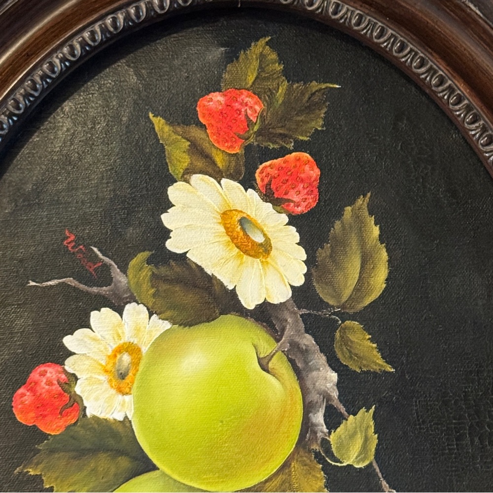 Vintage Ornate Oval Framed Original Oil Painting Apple Strawberry Fruit Floral - Picture 6 of 17